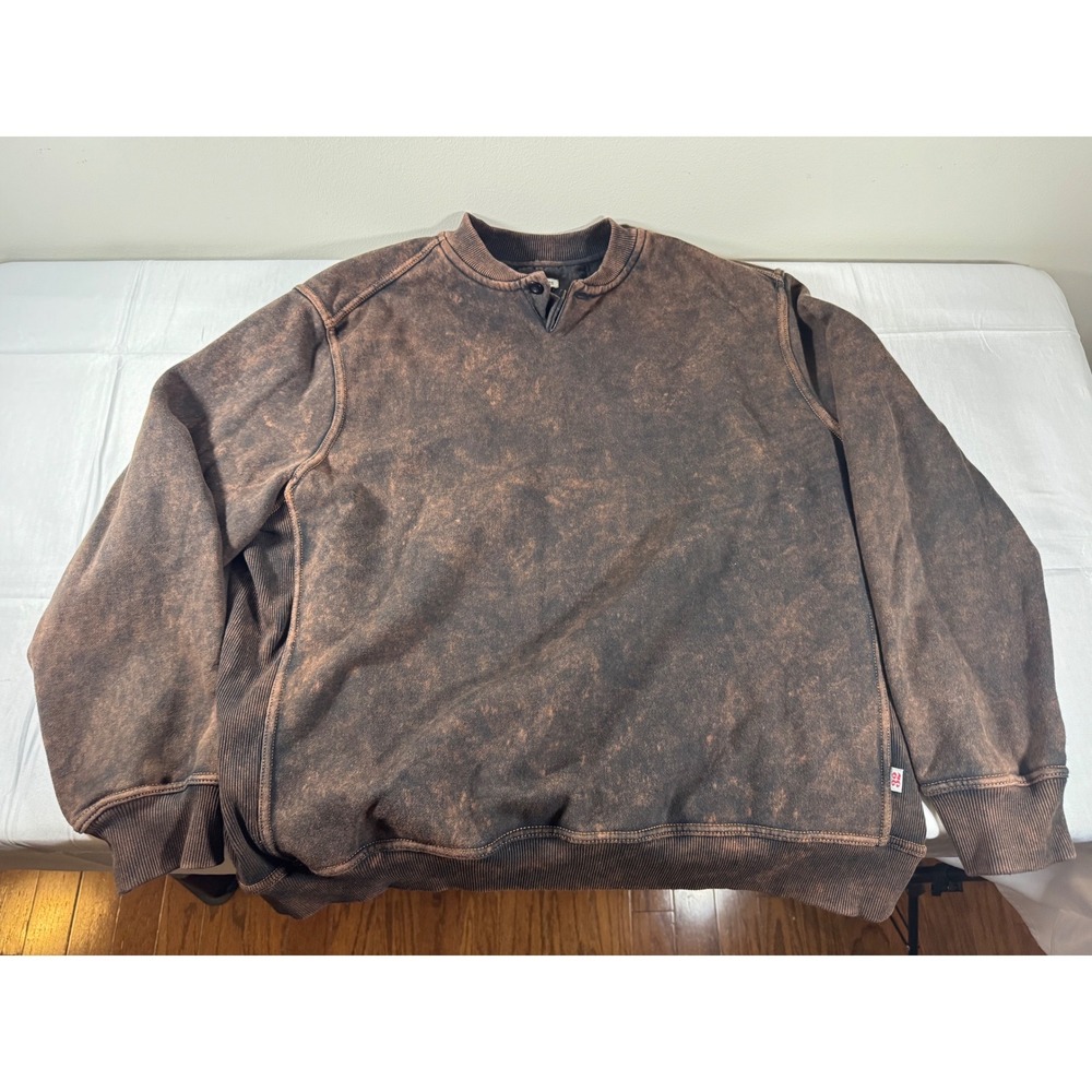 32 Bar Blues Mens XL Acid Wash Split Neck Sweatshirt Brown Copper Pullover